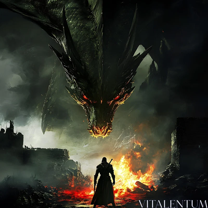 Warrior vs Dragon: A Fiery Confrontation AI Image