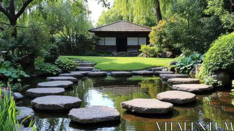 AI ART Japanese Garden with Stepping Stones and Fountain