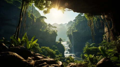 Majestic Jungle Landscape with Sunlit Waterfall