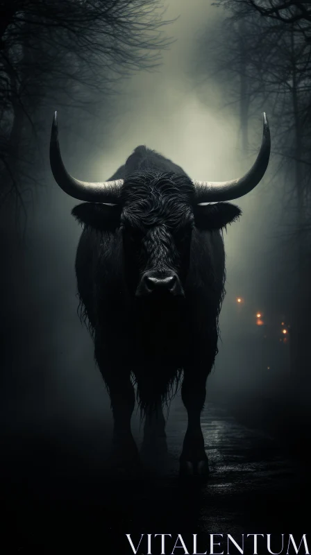 Mysterious Bull on Foggy Road - A Techno Shamanism Influence AI Image