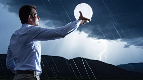 Powerful Image of a Businessman Reaching Out to a Cloudy Globe During a Storm