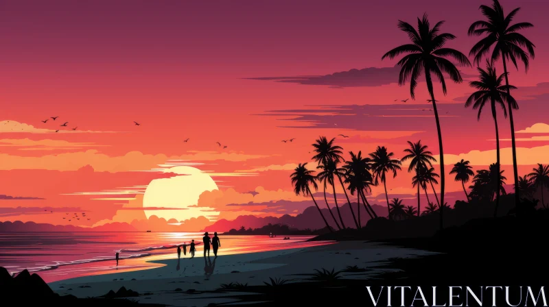 Romantic Sunset on a Tropical Beach with Silhouette Palm Trees AI Image