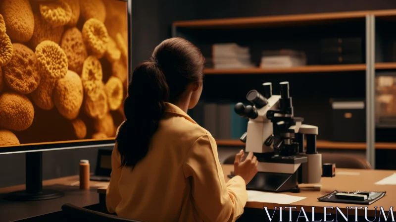 Scientific Exploration: Woman Studying Bacteria Through a Microscope AI Image