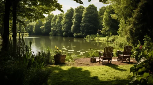 Tranquil Lake Scene with Chairs and Trees | Nature Photography