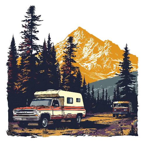 POD Design Vintage Trucks and Mountain Sunset - Vector Illustration