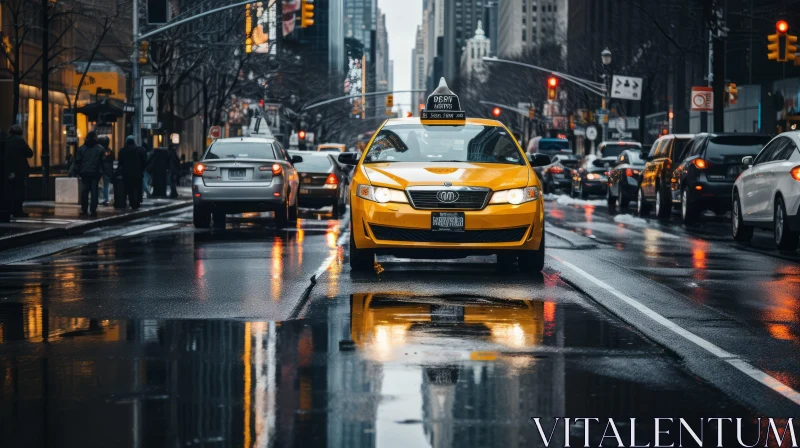 Yellow Taxi on a Wet Street in New York City: A Study in Silver and Orange AI Image