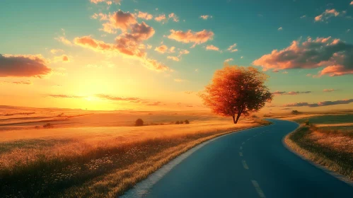 Winding Road to Sunset with Tree