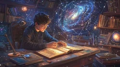 Boy studying galaxy in library