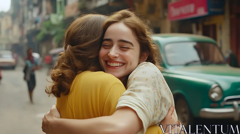 Women's Affectionate Hug on City Street
