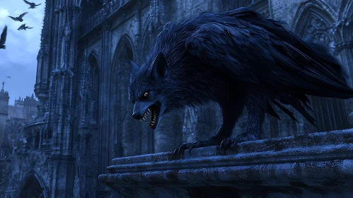 Werewolf Perched Atop Gothic Structure