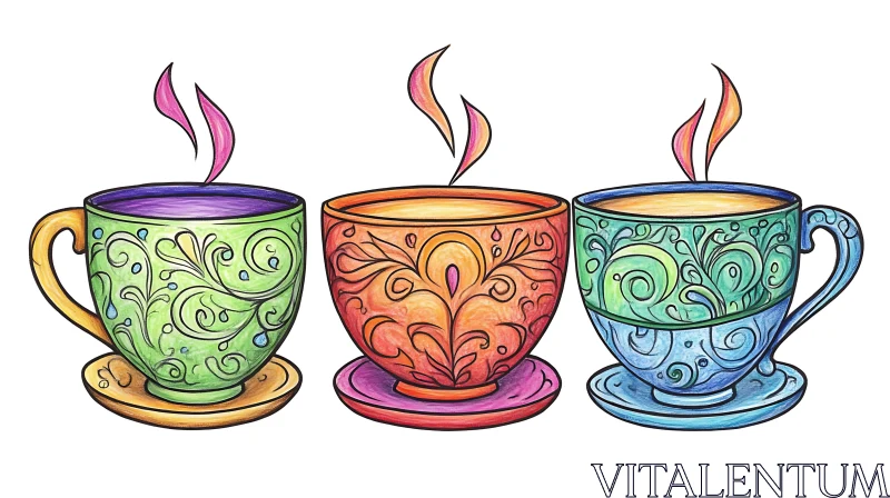 Three Steaming Tea Cups with Swirls