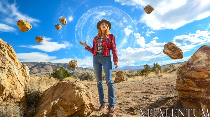 Woman and Levitation in Desert Landscape