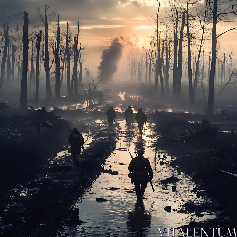 Military Men Walking Aftermath of War