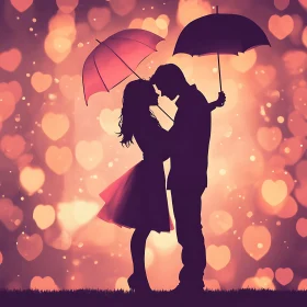 Silhouette of Lovers in the Rain of Hearts