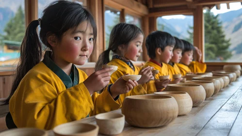 Children in Robes with Wooden Bowls