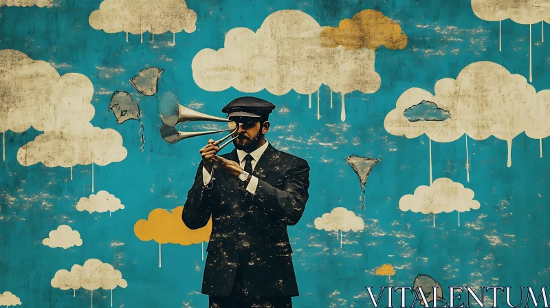 Man with Trumpets in Cloudy Sky