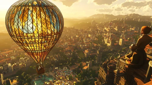 Aerial View of City with Balloon