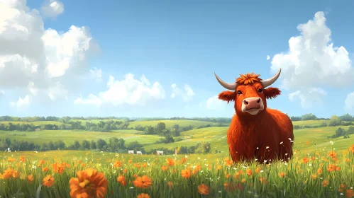 Ginger Cow in Flower Field