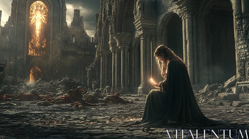 Woman with Light in Ruined City