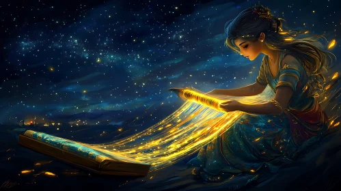 Woman Reading Under Starry Night