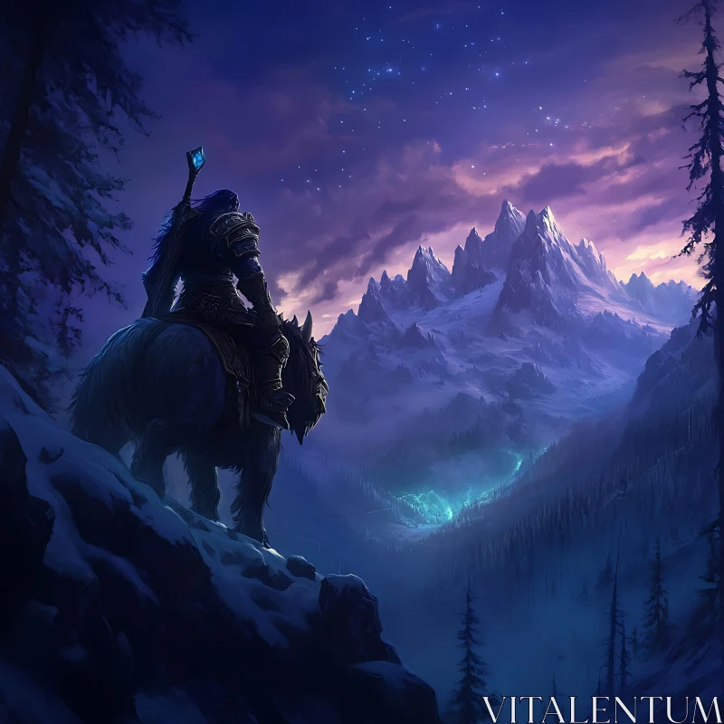 Fantasy Knight Overlooking Winter Mountains