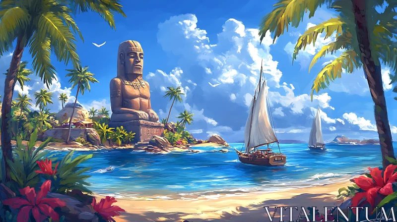 Island Paradise: Moai and Sailboats