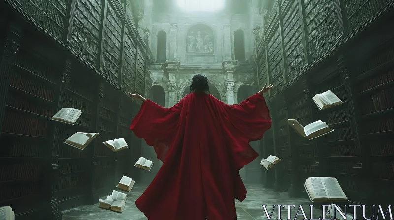 Magical Library with Red Cloaked Figure AI Image