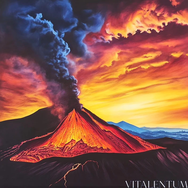 Erupting Volcano Under an Orange Sky