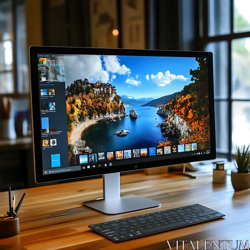 Elegant Technology Workspace with Scenic Monitor Display AI Image