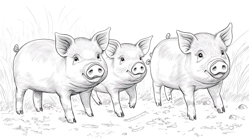 Cute Piglets Drawing in Nature