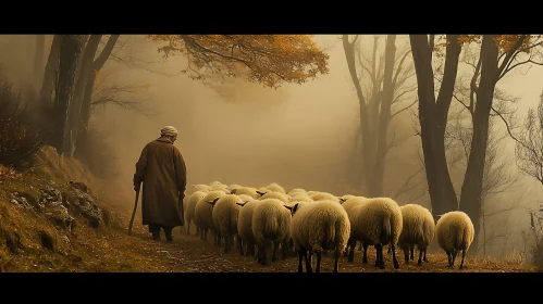 Rural Scene with Shepherd and Flock