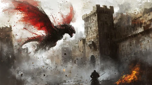 Dragon and Warrior in Castle Ruins