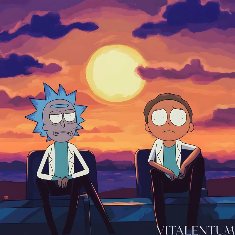 Cartoon Characters Contemplate Sunset