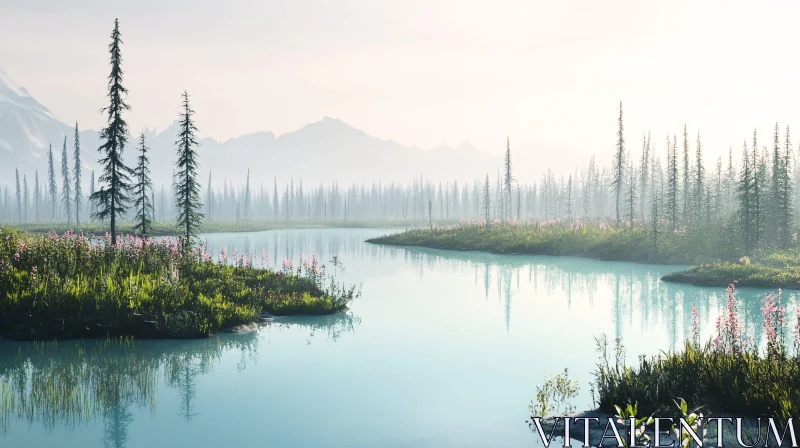 Peaceful Lake and Mountain Scene AI Image