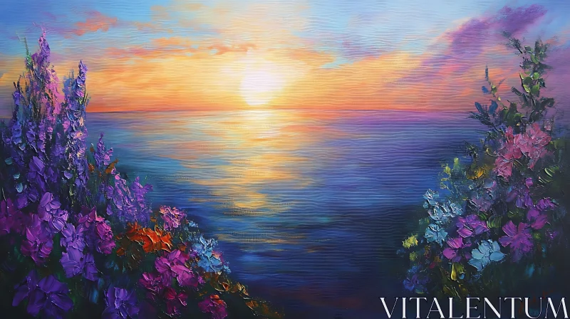 Floral Seascape Sunset Oil Painting
