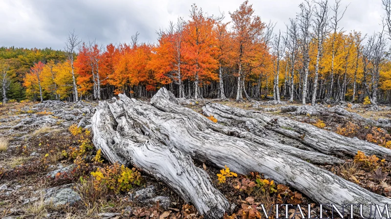 Autumn Fall Forest Scene with Colorful Leaves and Fallen Logs