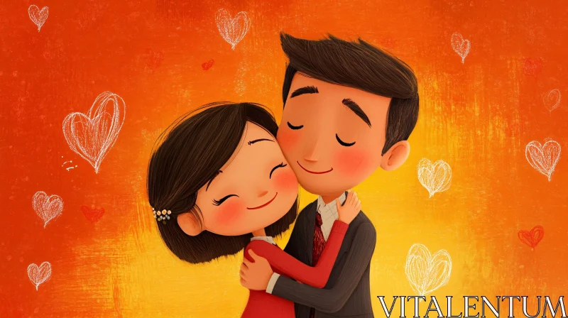 Cartoon Couple Hug with Hearts