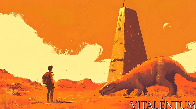 Orange Sci-Fi World with Dinosaur