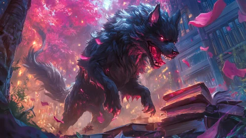 Fierce Werewolf with Magical Books