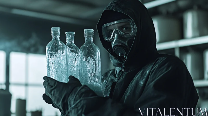 Mysterious Figure with Glass Bottles