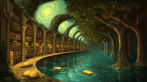Surreal Waterside Library with Floating Books