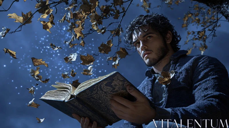 Man Reading Spellbook Under Autumn Leaves