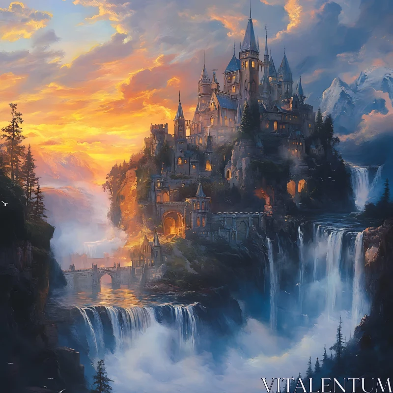 AI ART Fantasy Castle Above the Waterfalls