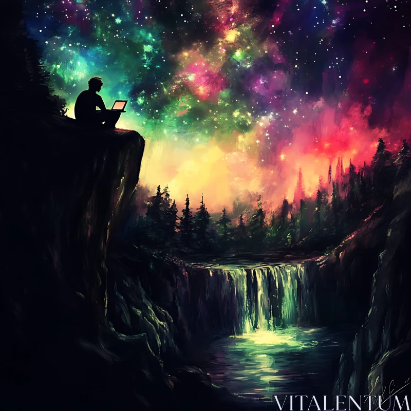 Silhouette at Waterfall under Night Sky