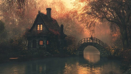 Autumnal Cottage Scene with Stone Bridge