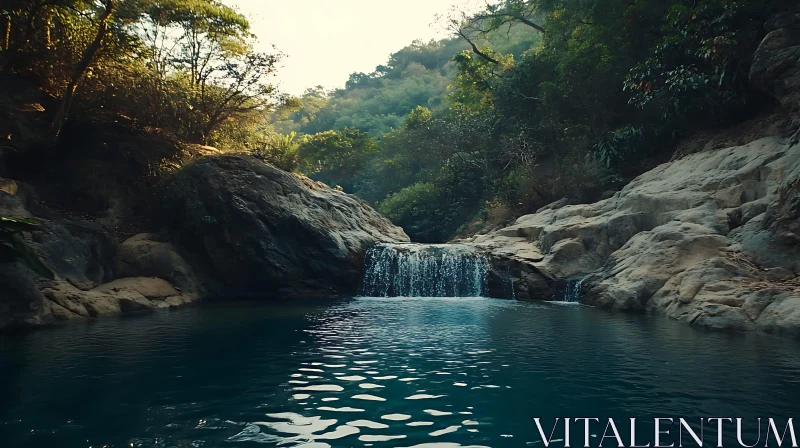 Tranquil Pond and Waterfall Surrounded by Rocks