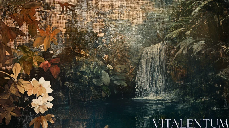 Tranquil Waterfall and Floral Landscape