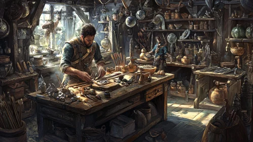 Man Working in Rustic Workshop