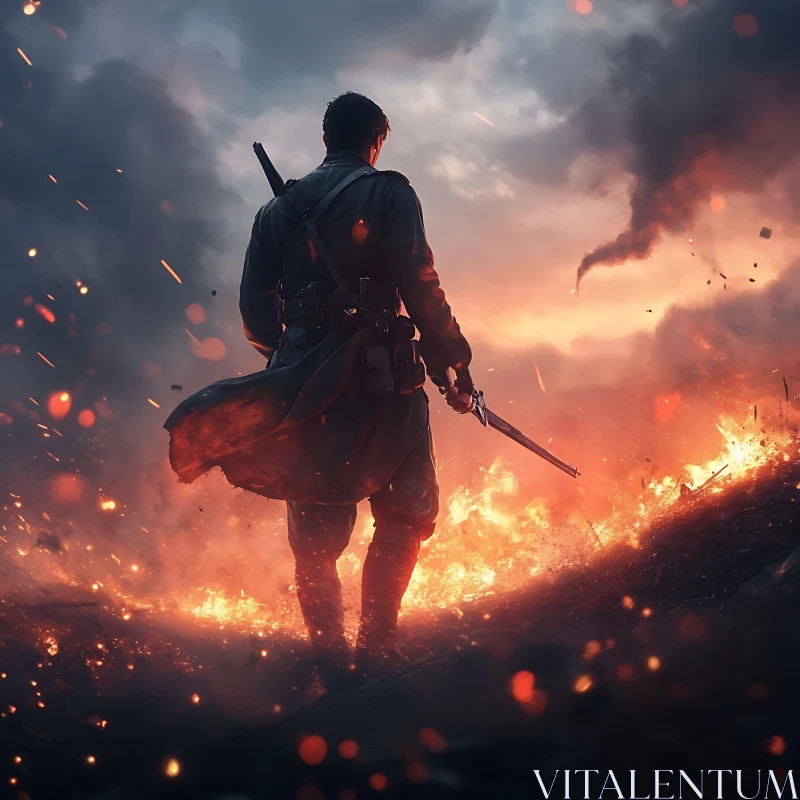 Man with Sword in Burning Field
