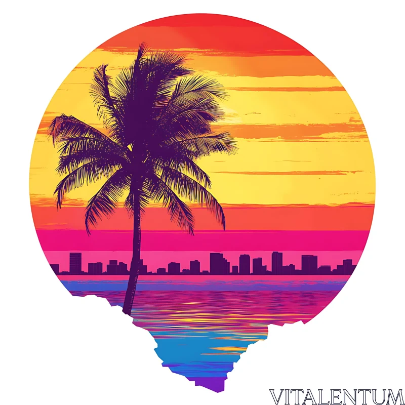 Tropical Sunset Cityscape Palm Silhouette